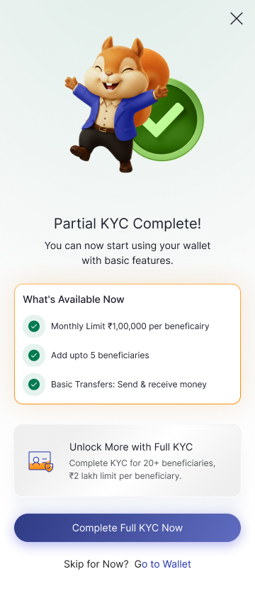 Partial KYC completion screen